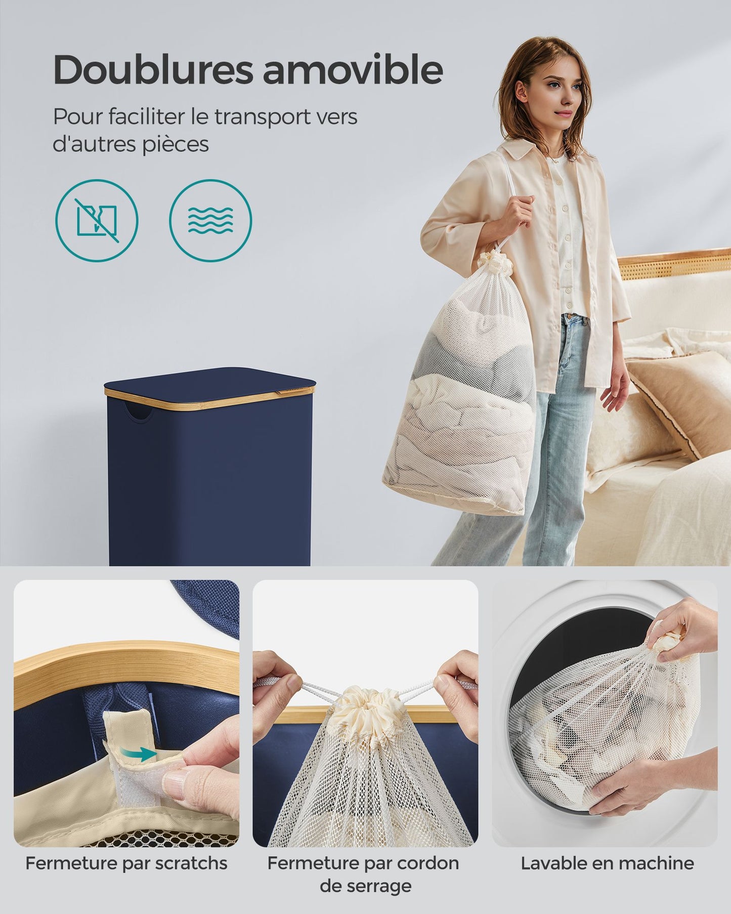 Panier à Linge avec Couvercle, 90L, Panier à Linge Pliable, Gain de Place, Doublure en Maille Amovible, Bleu,, SONGMICS, 6