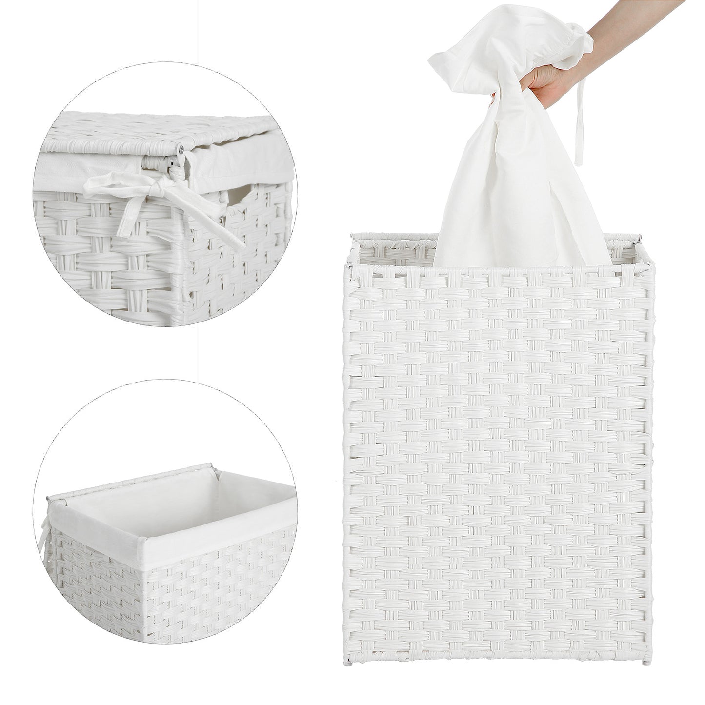 Panier à Linge avec Couvercle, 90L, Panier à Linge Pliable, avec poignées, Sac intérieur Amovible, Blanc, SONGMICS, 6
