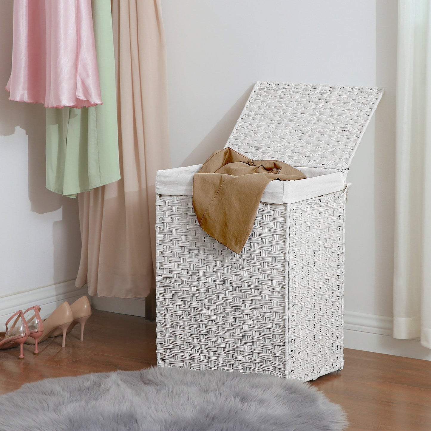 Panier à Linge avec Couvercle, 90L, Panier à Linge Pliable, avec poignées, Sac intérieur Amovible, Blanc, SONGMICS, 1