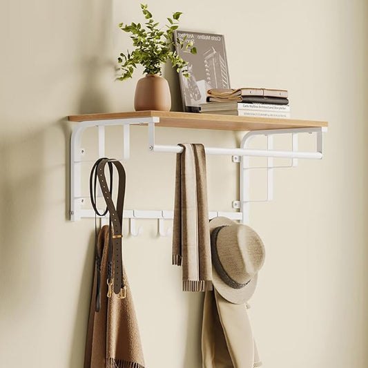 Porte Manteau Mural, avec Étagère, Portant Mural, 5 Crochets Amovibles, Étagère Suspendue avec Tringle, Chêne et Blanc, VASAGLE, 2