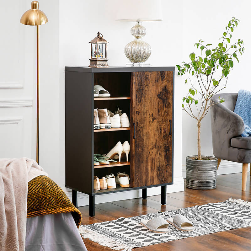 Meuble à Chaussures, 3 étagères réglables en hauteur, Rangement Chaussures, avec Porte, Porte Chaussures, Noir et Marron, VASAGLE, 4