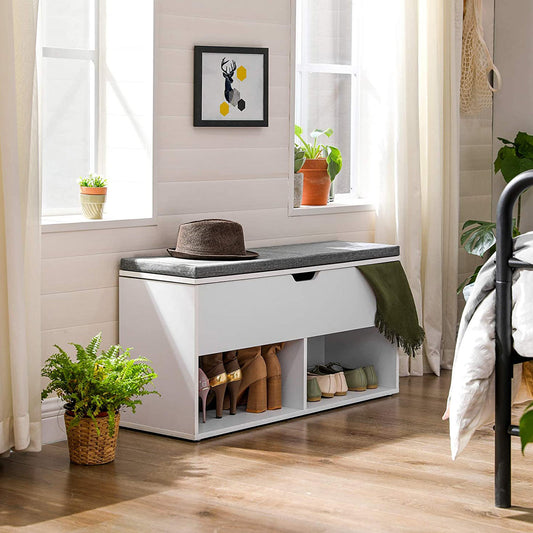 Banc a Chaussure, avec coussin, Banc Entrée, Les 2 compartiments ouverts, 100 cm de long, Blanc Gris, VASAGLE, 4