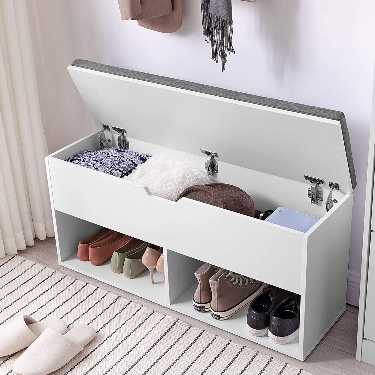 Banc a Chaussure, avec coussin, Banc Entrée, Les 2 compartiments ouverts, 100 cm de long, Blanc Gris, VASAGLE, 5