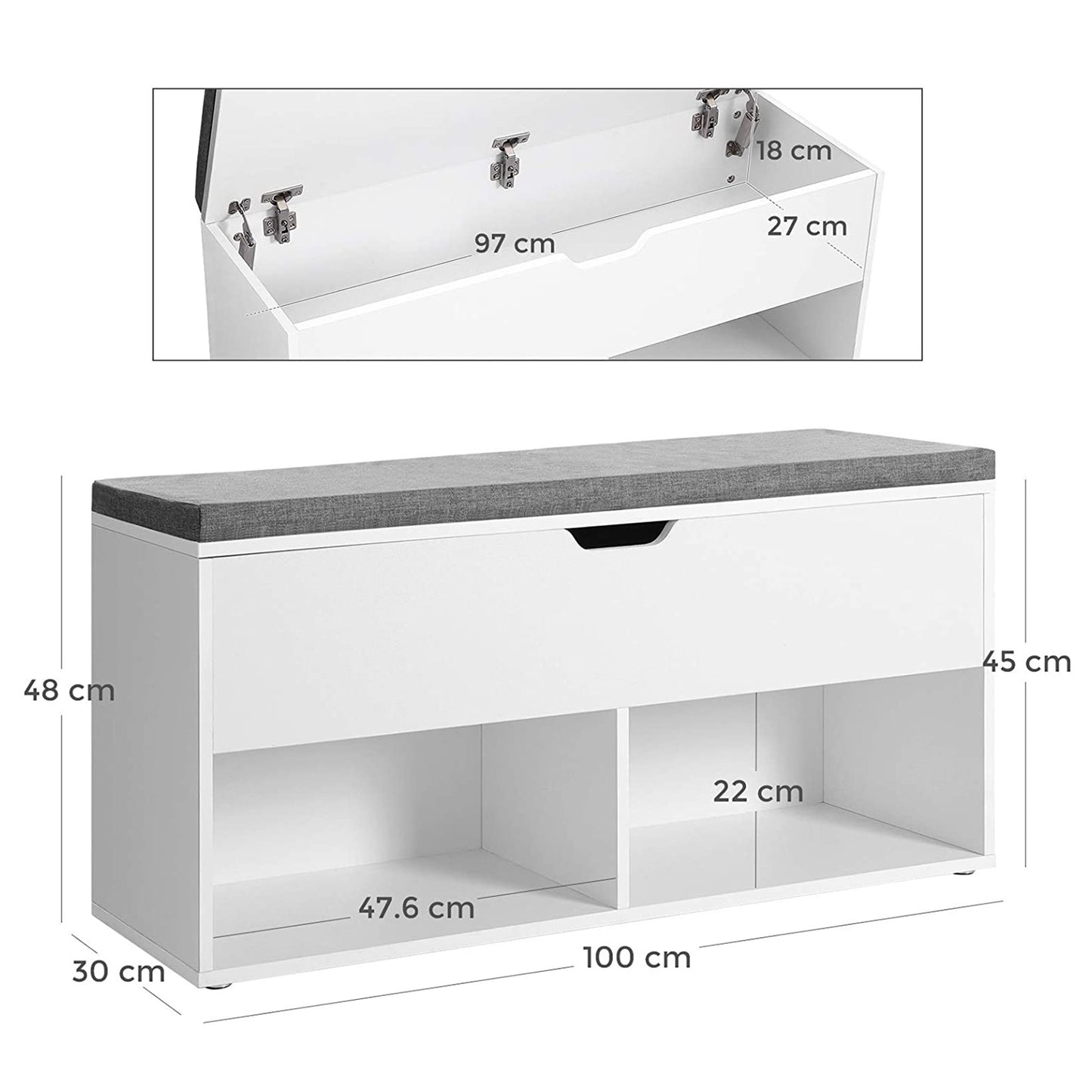 Banc a Chaussure, avec coussin, Banc Entrée, Les 2 compartiments ouverts, 100 cm de long, Blanc Gris, VASAGLE, 6