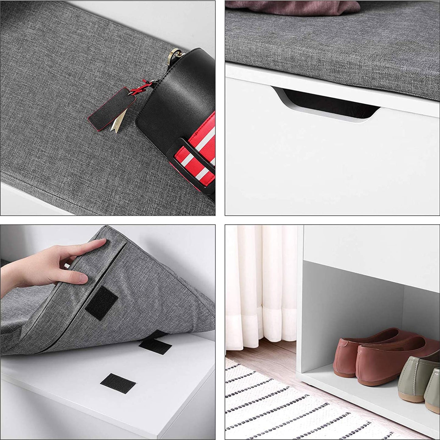 Banc a Chaussure, avec coussin, Banc Entrée, Les 2 compartiments ouverts, 100 cm de long, Blanc Gris, VASAGLE, 7