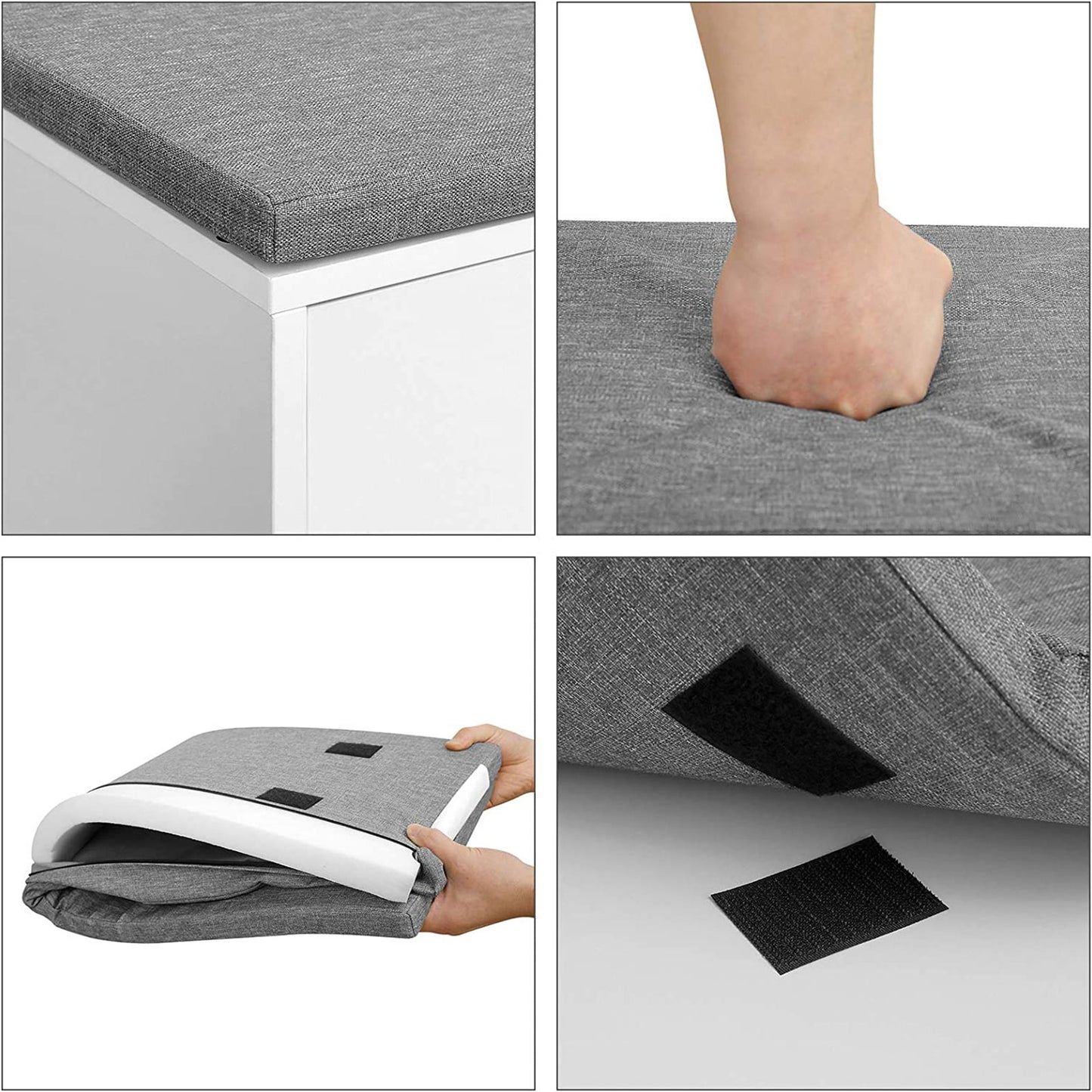 Banc a Chaussure, avec coussin, Banc Entrée, Les 2 compartiments ouverts, 100 cm de long, Blanc Gris, VASAGLE, 9