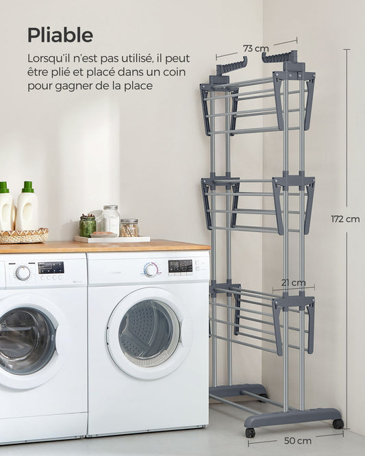 Étendoir a linge, 4 Niveaux, sechoir a linge, avec roulettes, Grande Capacité, Gris, SONGMICS, 2