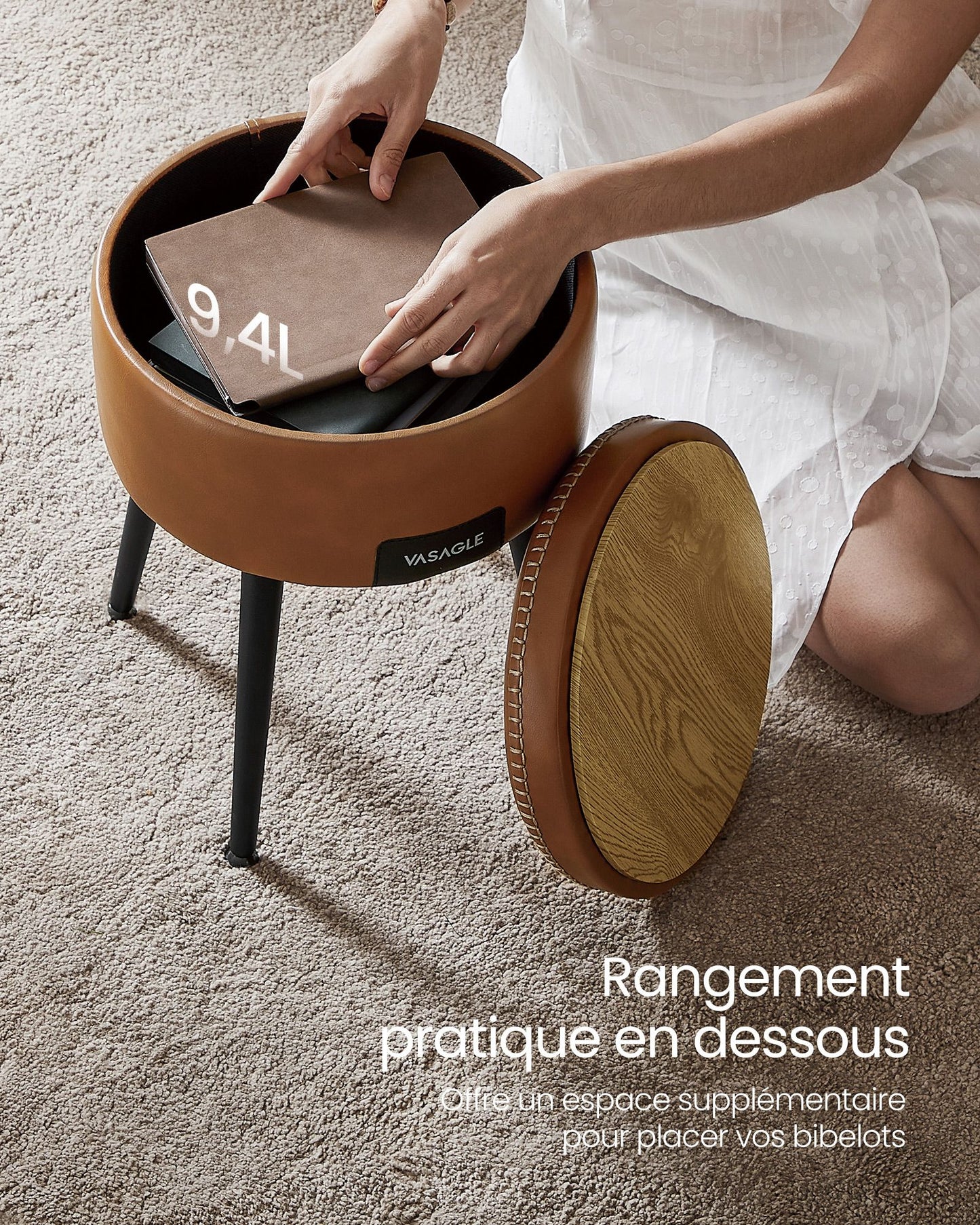 Pouf, Pouf de Rangement, Ottomans, Abouret de Coiffeuse, Tabouret de Rangement, PU avec Coutures, Marron Caramel, VASAGLE, 8