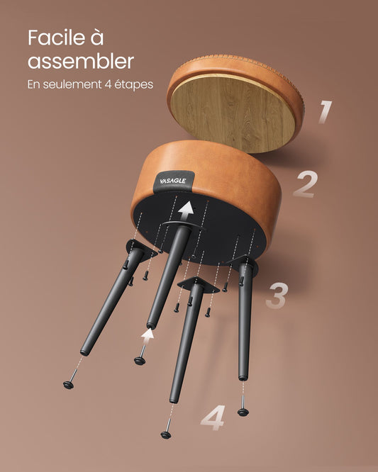 Pouf, Pouf de Rangement, Ottomans, Abouret de Coiffeuse, Tabouret de Rangement, PU avec Coutures, Marron Caramel, VASAGLE, 2