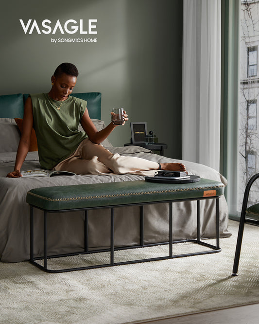 Banc d'Entrée, Ottoman, Pouf de rangement, Bout de Lit pour Chambre, Cuir Synthétique avec Coutures, Vert Forêt, VASAGLE, 2