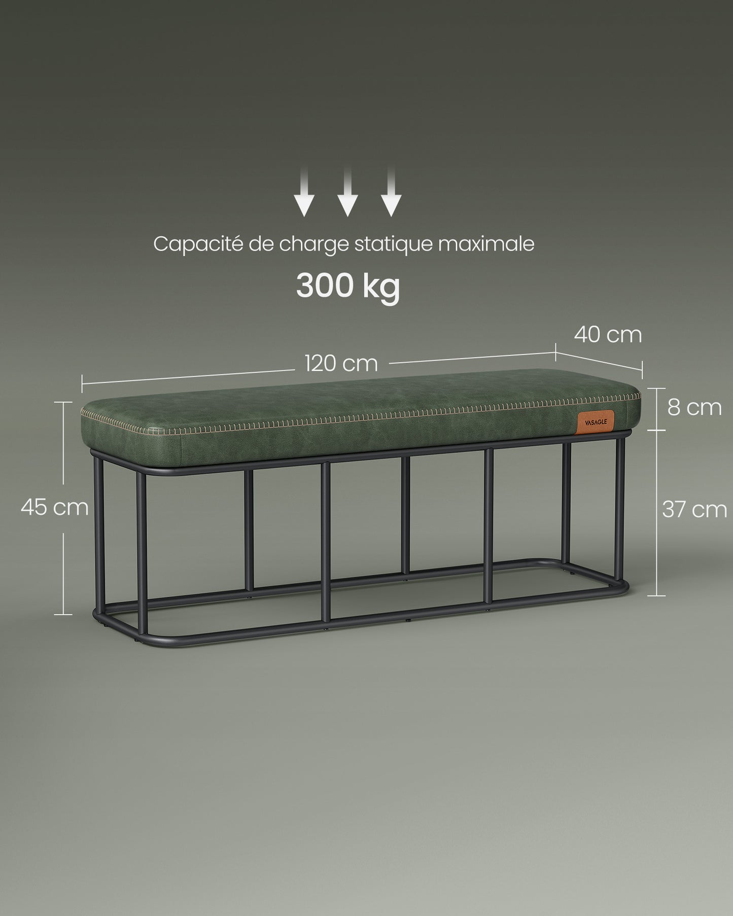 Banc d'Entrée, Ottoman, Pouf de rangement, Bout de Lit pour Chambre, Cuir Synthétique avec Coutures, Vert Forêt, VASAGLE, 7