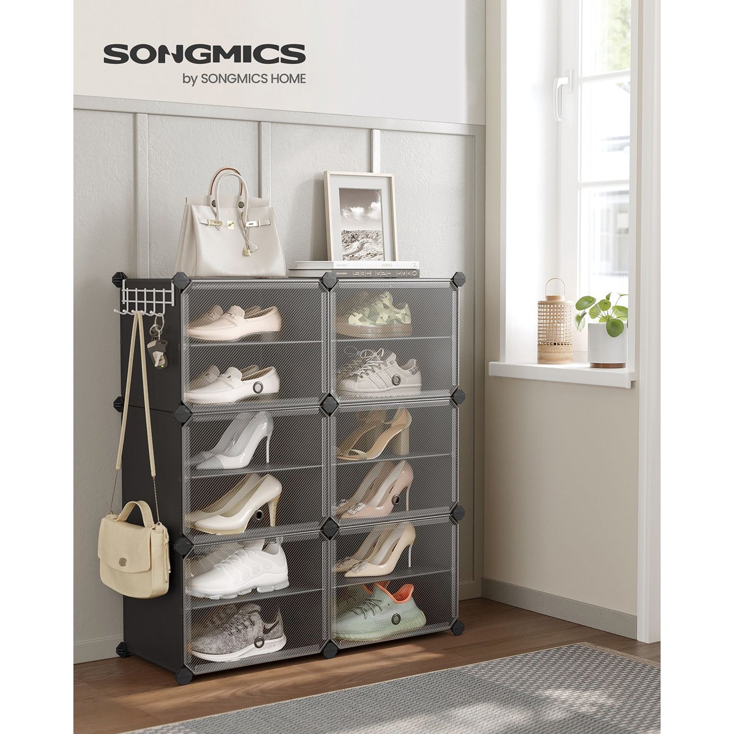 Etagere Chaussure, Rangement Chaussures, Armoire à Chaussures, 6 Compartiments, Compartiment avec Porte, Noir, SONGMICS, 9