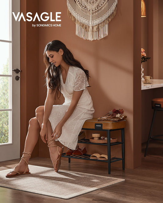 Banc d'Entrée, Ottoman, Banc de Rangement, Banc à Chaussures, Bout de Lit pour Chambre, Marron Caramel, VASAGLE, 2