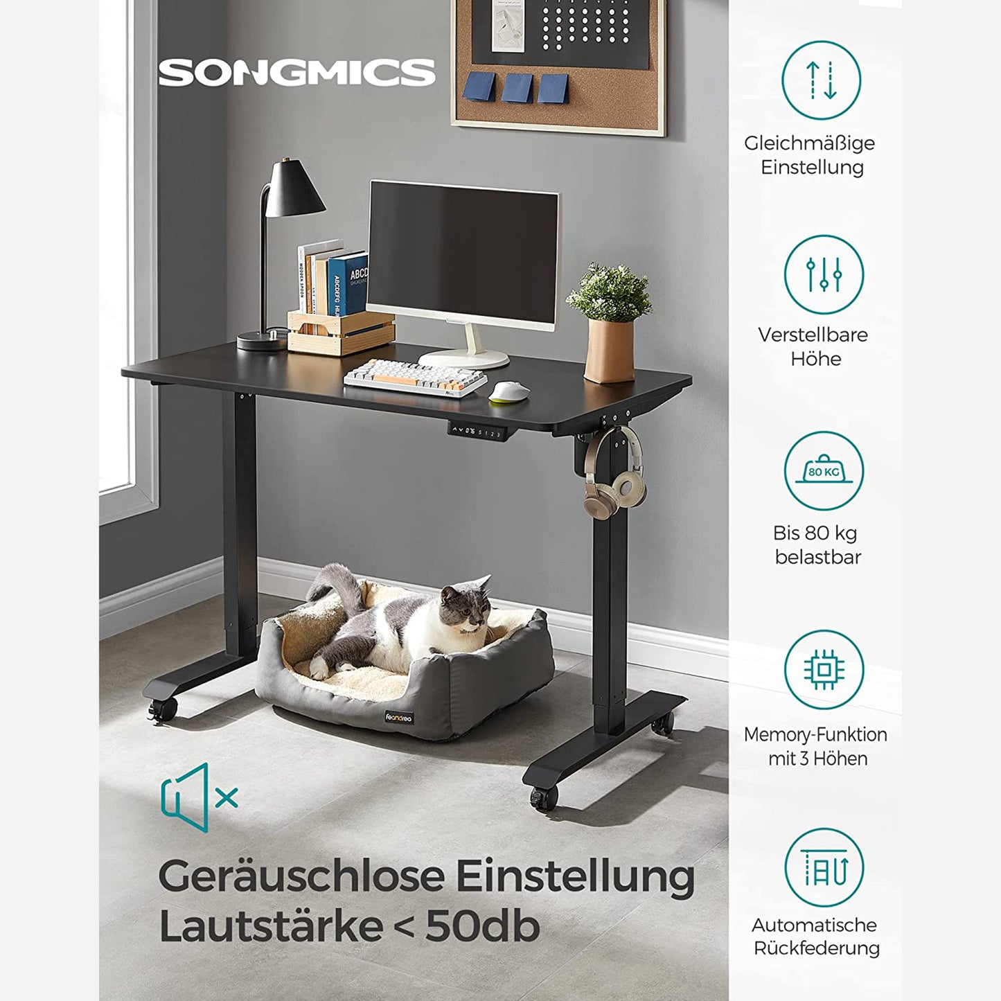 Bureau Electrique, Bureau Reglable Hauteur, Bureau Debout, 60 x 120 cm, Bureau de Travail, de 3 hauteurs, Noir, Songmics, 1