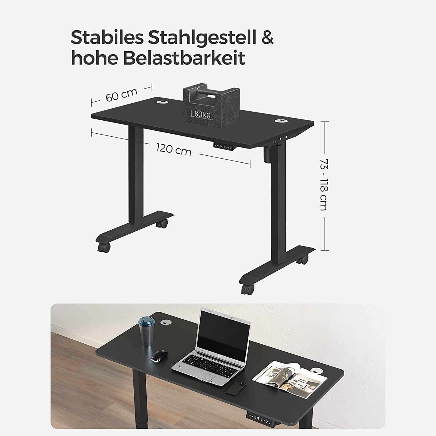 Bureau Electrique, Bureau Reglable Hauteur, Bureau Debout, 60 x 120 cm, Bureau de Travail, de 3 hauteurs, Noir, Songmics, 1