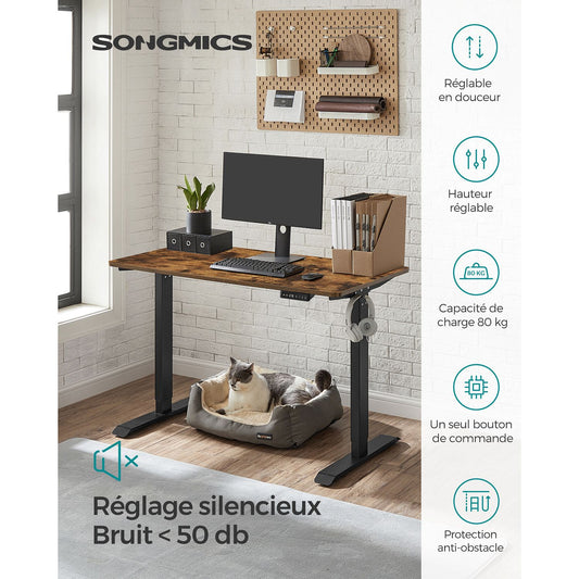 Bureau Electrique, Bureau Debout, Bureau Assis Debout Electrique, 60 x 120 cm, 3 hauteurs, Vintage Marron Noir, Songmics, 1
