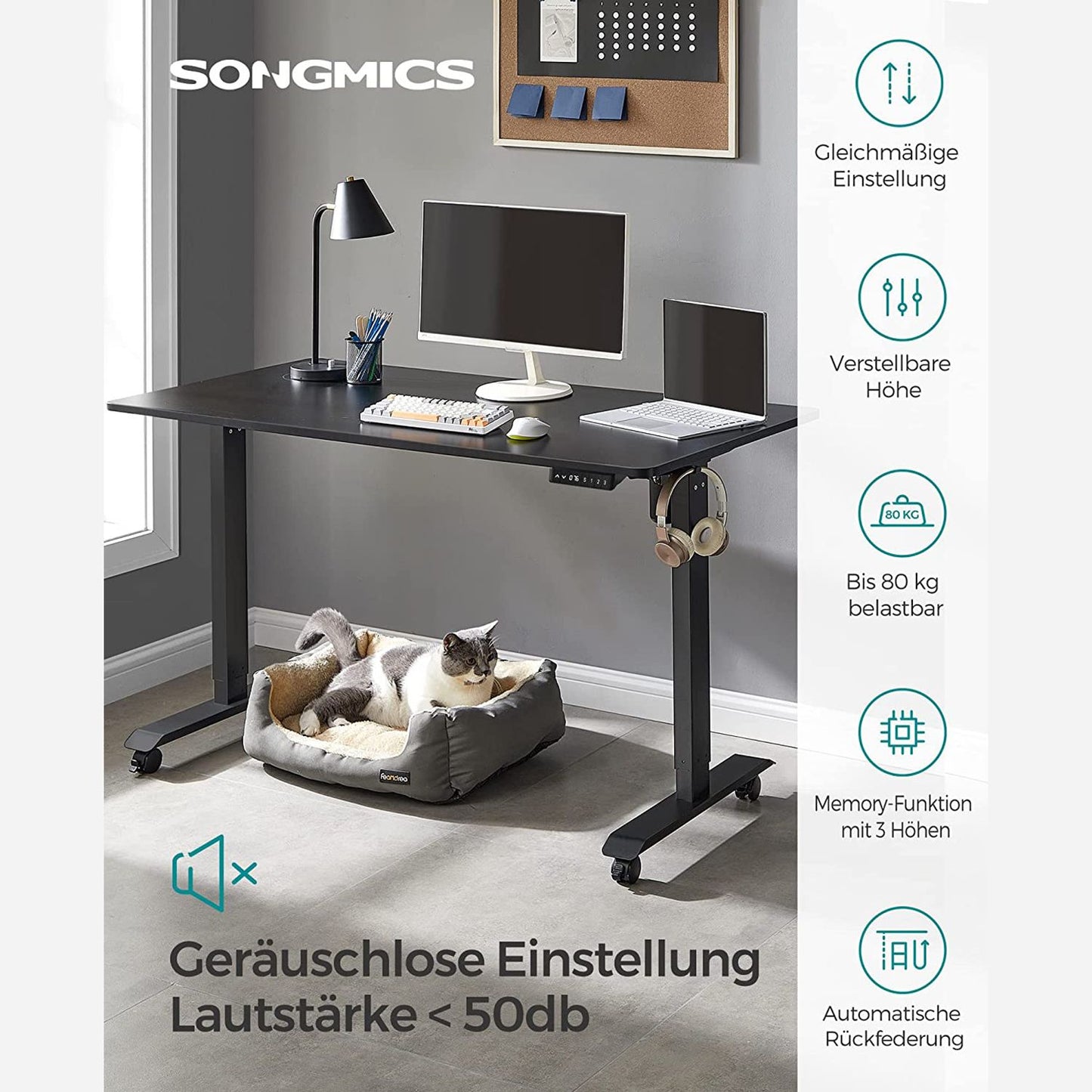 Bureau Electrique, Bureau Reglable Hauteur, Bureau Debout, 70 x 140 cm, Réglable en Continu, de 3 Hauteurs, Noir, Songmics, 1