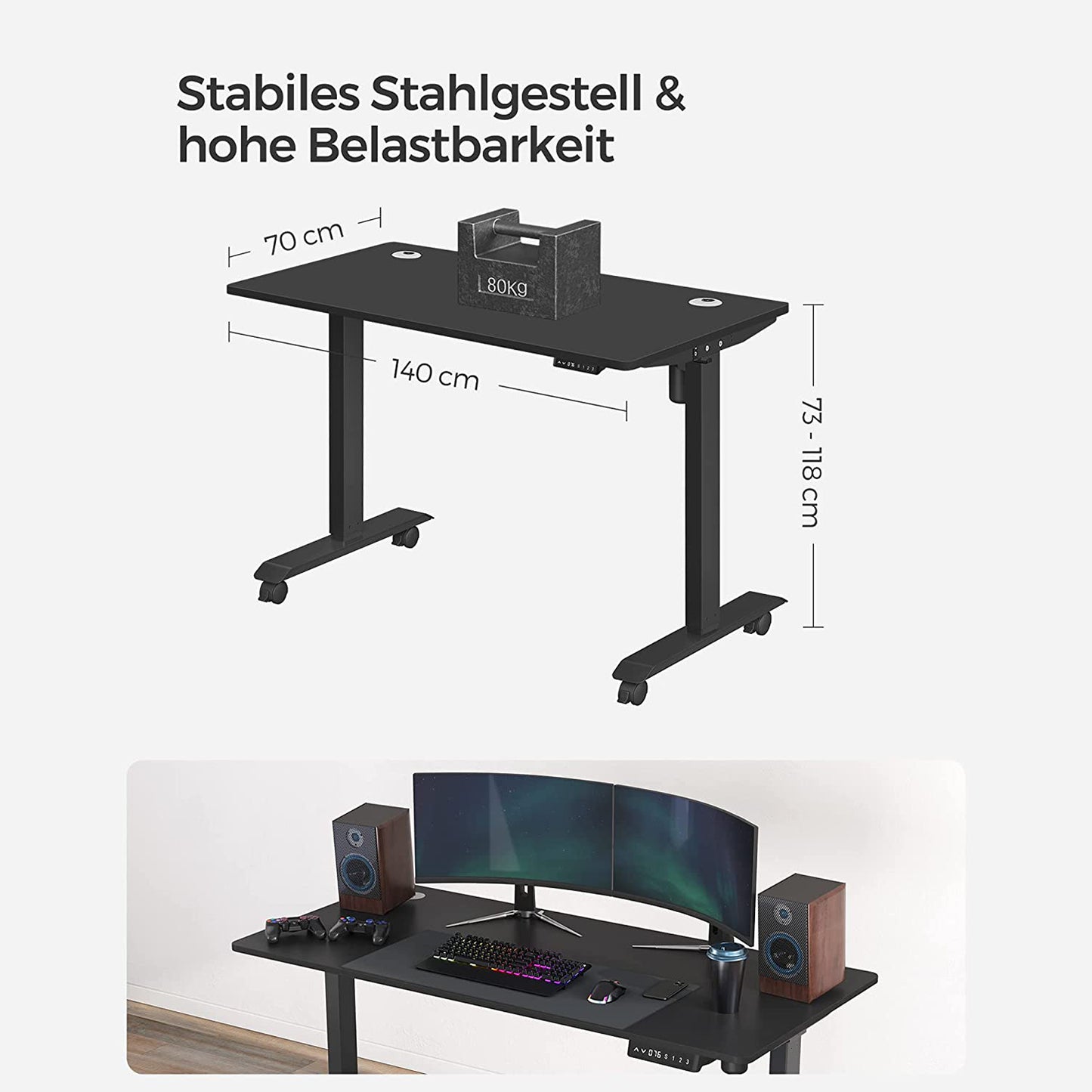 Bureau Electrique, Bureau Reglable Hauteur, Bureau Debout, 70 x 140 cm, Réglable en Continu, de 3 Hauteurs, Noir, Songmics, 1