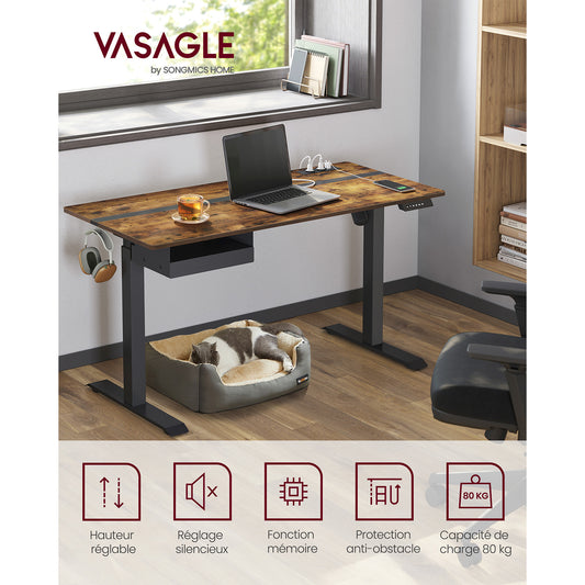 Bureau Electrique, Bureau Assis Debout Electrique, 60 x 140 cm, de 4 Hauteurs, Marron Rustique et Noir, Vasagle, 1