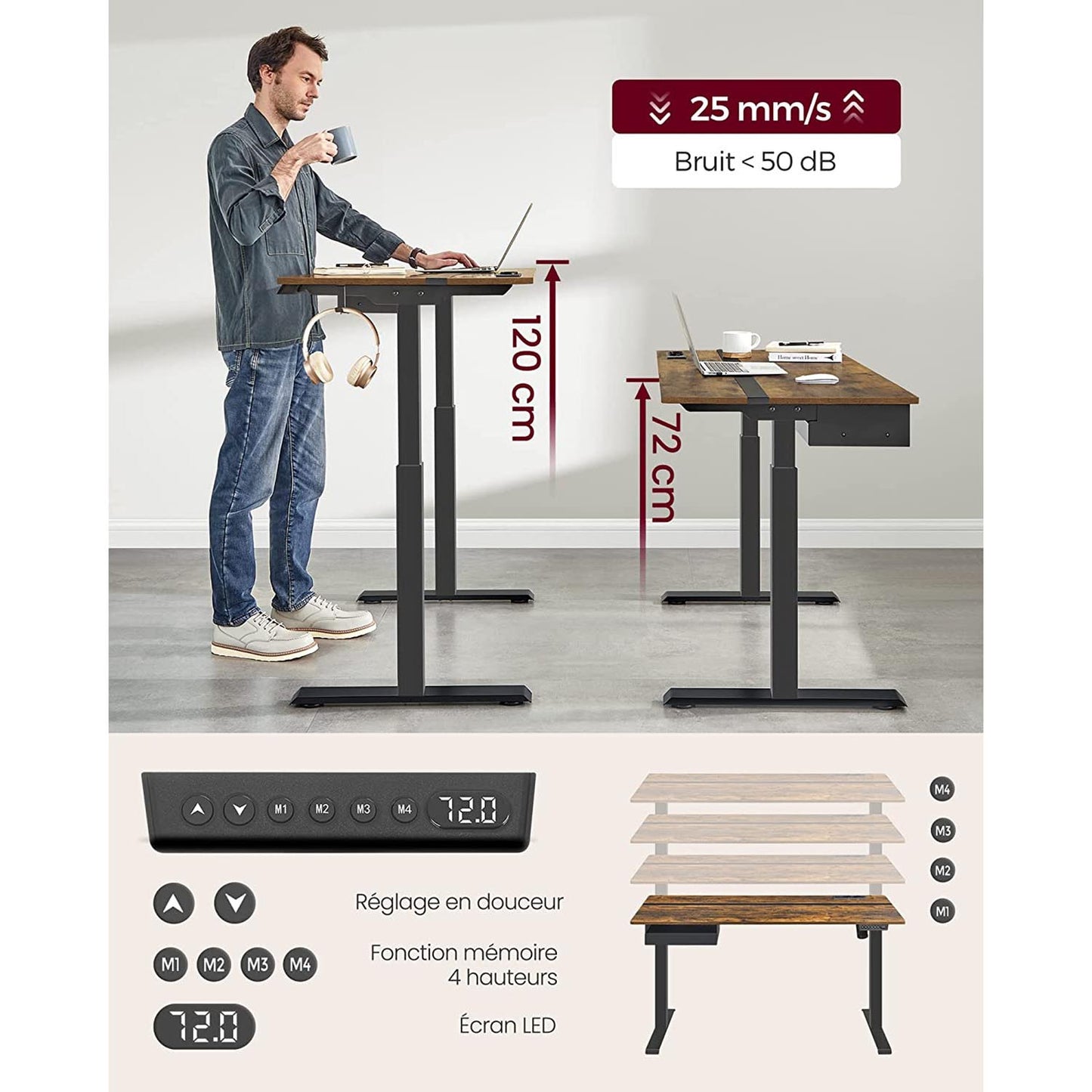 Bureau Electrique, Bureau Assis Debout Electrique, 60 x 140 cm, de 4 Hauteurs, Marron Rustique et Noir, Vasagle, 1