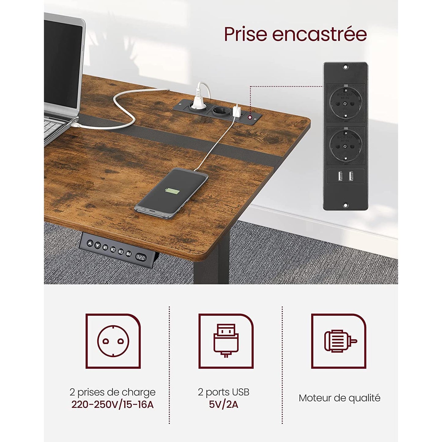 Bureau Electrique, Bureau Assis Debout Electrique, 60 x 140 cm, de 4 Hauteurs, Marron Rustique et Noir, Vasagle, 1