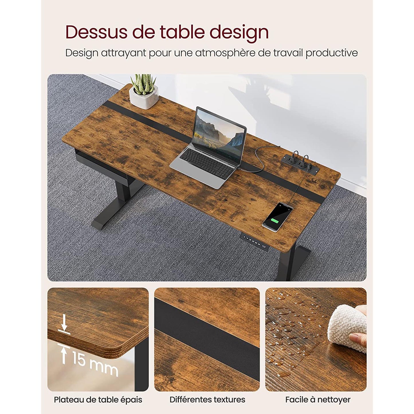 Bureau Electrique, Bureau Assis Debout Electrique, 60 x 140 cm, de 4 Hauteurs, Marron Rustique et Noir, Vasagle, 1