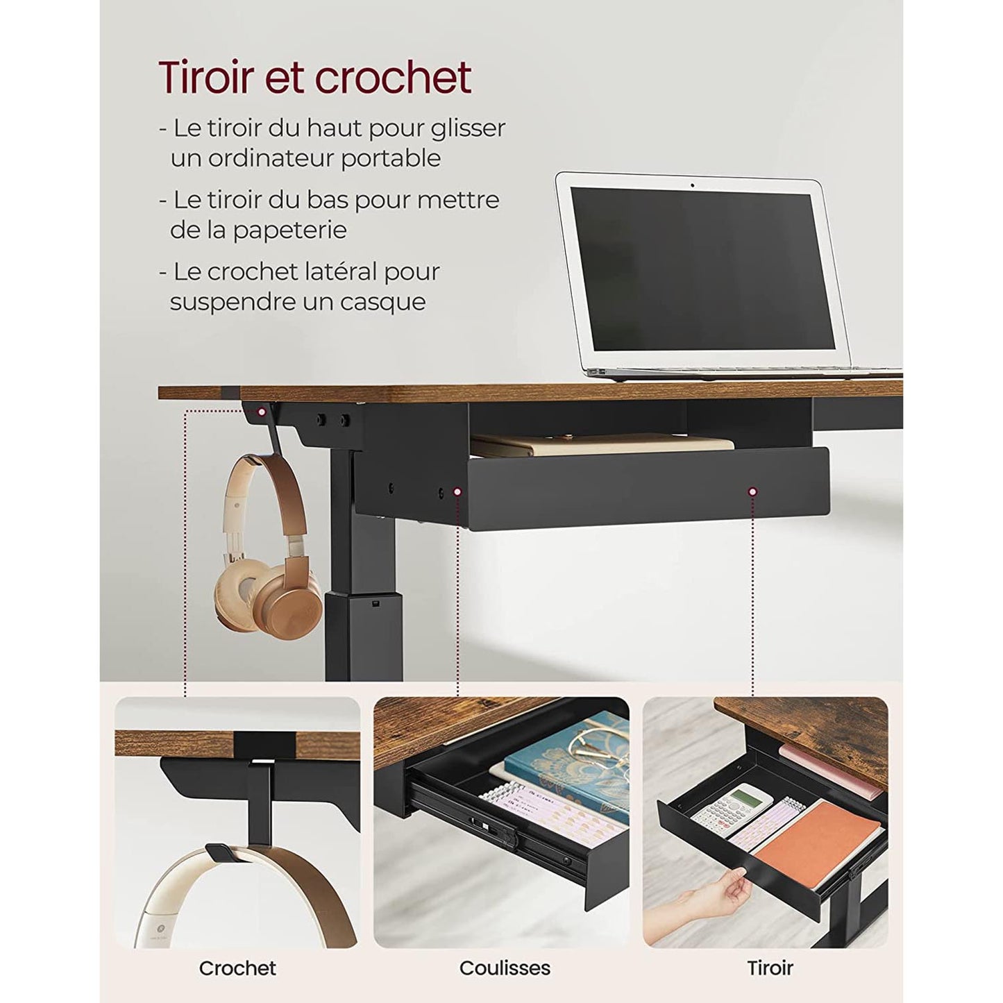 Bureau Electrique, Bureau Assis Debout Electrique, 60 x 140 cm, de 4 Hauteurs, Marron Rustique et Noir, Vasagle, 1