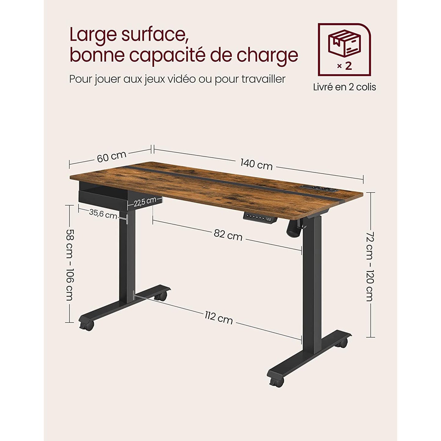 Bureau Electrique, Bureau Assis Debout Electrique, 60 x 140 cm, de 4 Hauteurs, Marron Rustique et Noir, Vasagle, 1