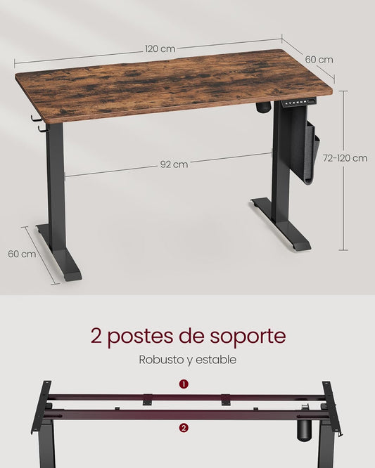 Bureau Electrique, Bureau Assis Debout Electrique, 60 x 120 cm, Réglage en Continu, 4 Hauteurs, Marron Rustique, Vasagle, 1