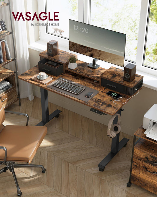 Bureau Electrique, Bureau de Travail, Bureau Debout, Bureau Assis Debout Electrique, 60 x 120 cm, Marron Rustique, Vasagle, 1