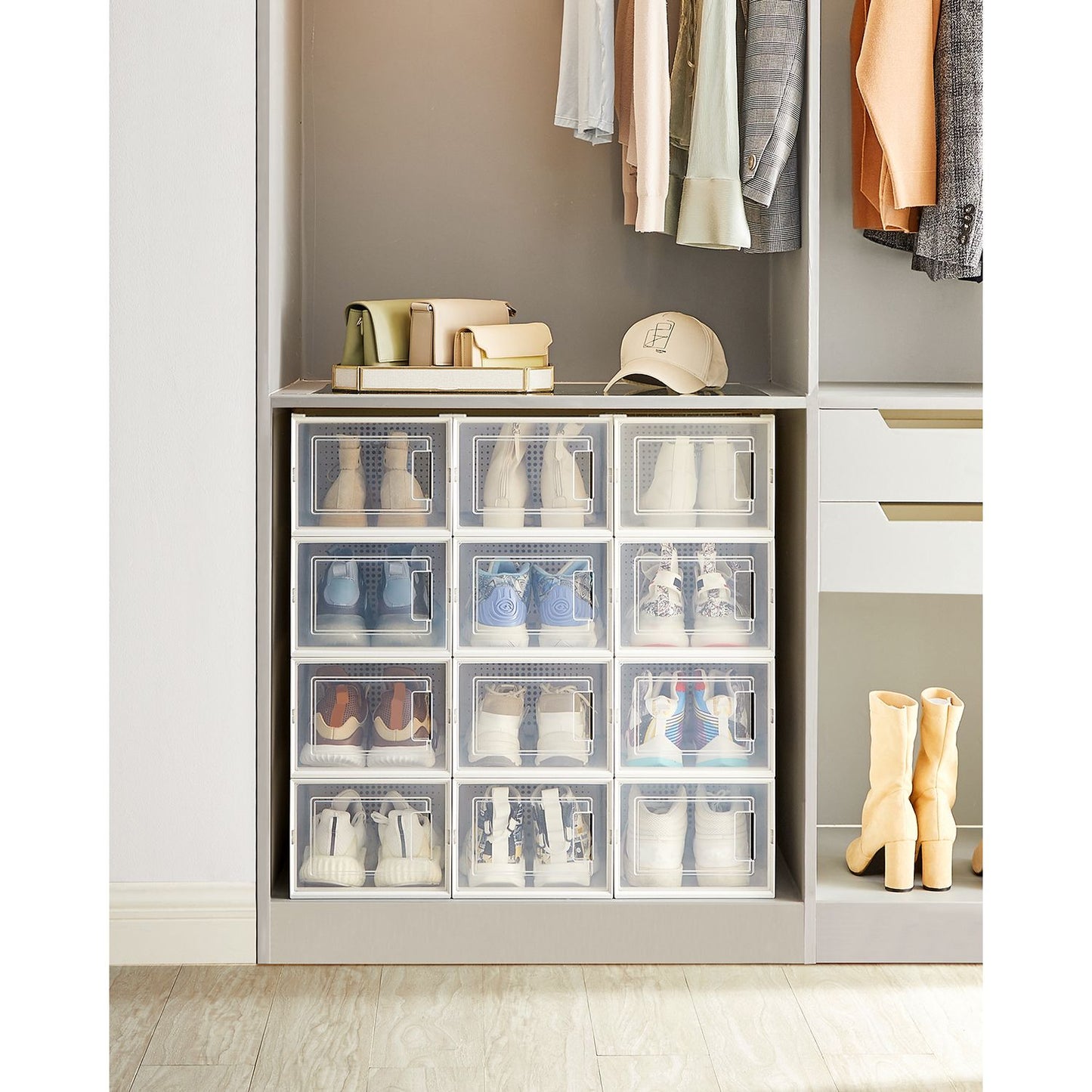 Boite a chaussure, Lot de 12, Boite Rangement Chaussures, Pliable, Pointure jusqu’à 46, Transparent et Blanc, SONGMICS, 3