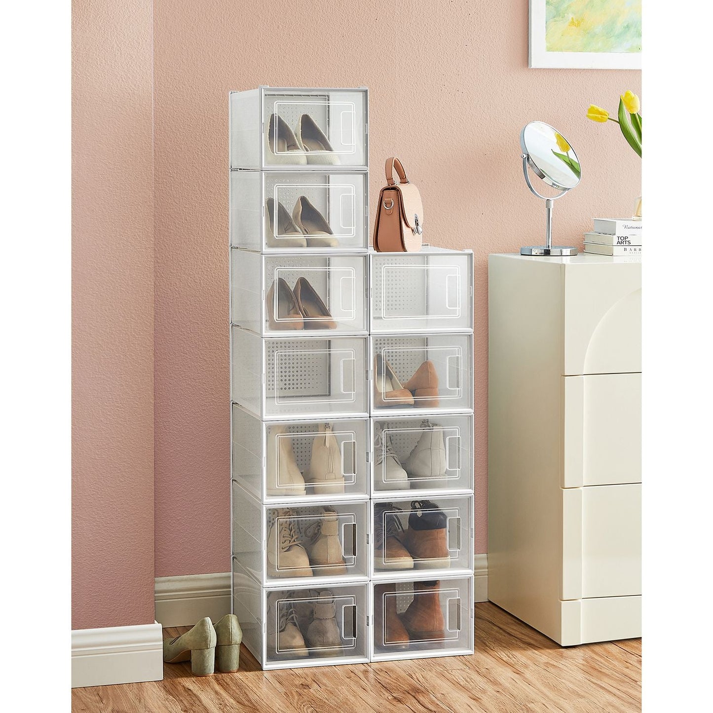 Boite a chaussure, Lot de 12, Boite Rangement Chaussures, Pliable, Pointure jusqu’à 46, Transparent et Blanc, SONGMICS, 1