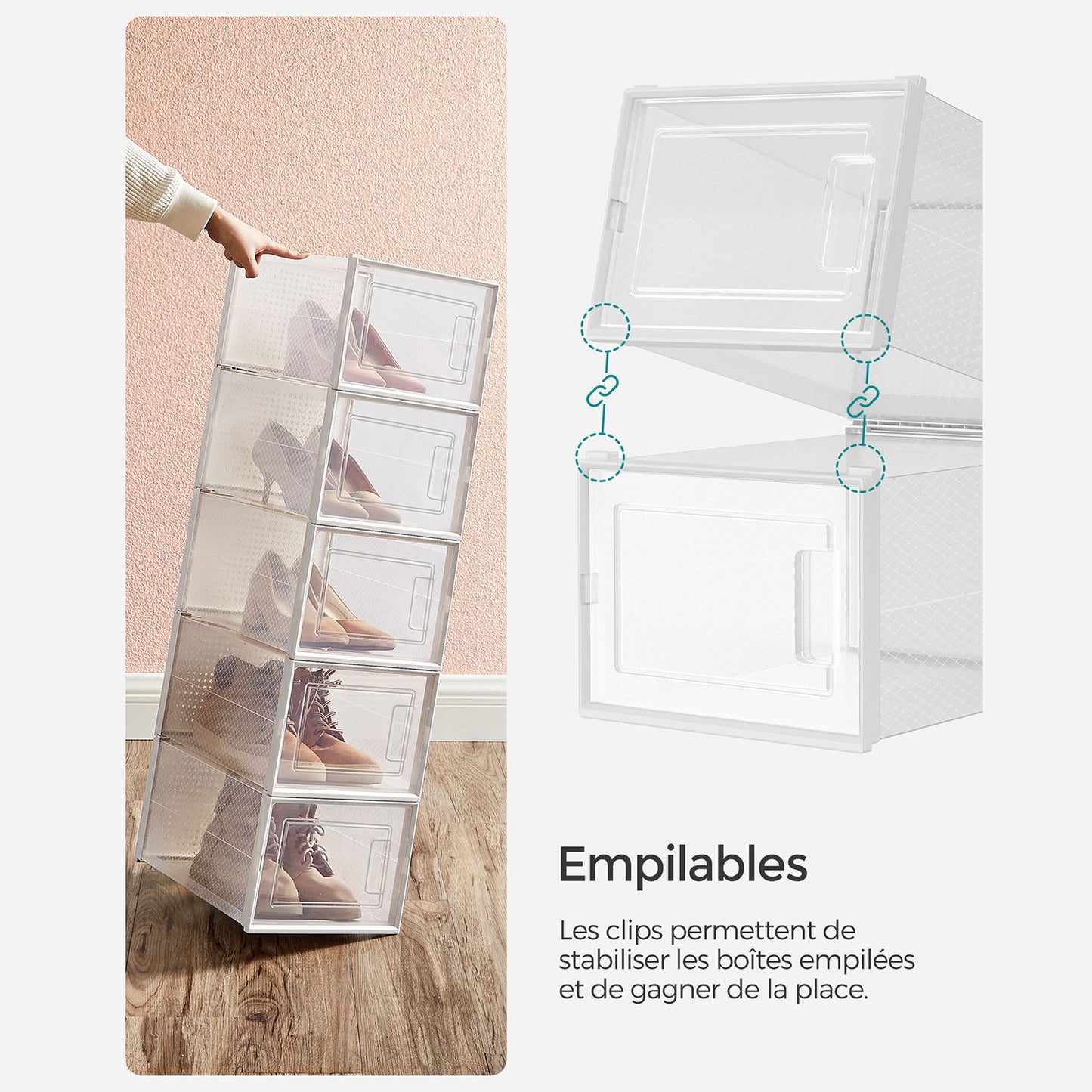 Boite a chaussure, Lot de 12, Boite Rangement Chaussures, Pliable, Pointure jusqu’à 46, Transparent et Blanc, SONGMICS, 5