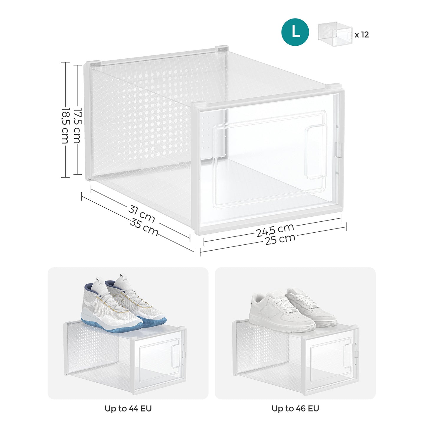Boite a chaussure, Lot de 12, Boite Rangement Chaussures, Pliable, Pointure jusqu’à 46, Transparent et Blanc, SONGMICS, 7