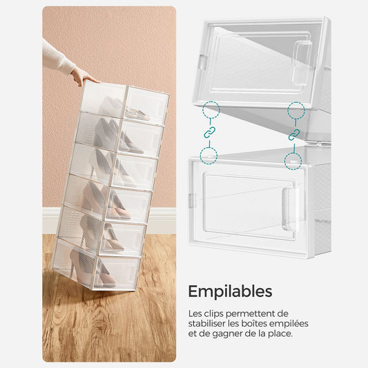 Boite a chaussure, Lot de 12, Boite Rangement Chaussures, Pliable, Pointure jusqu’à 44, Transparent et Blanc, SONGMICS, 5