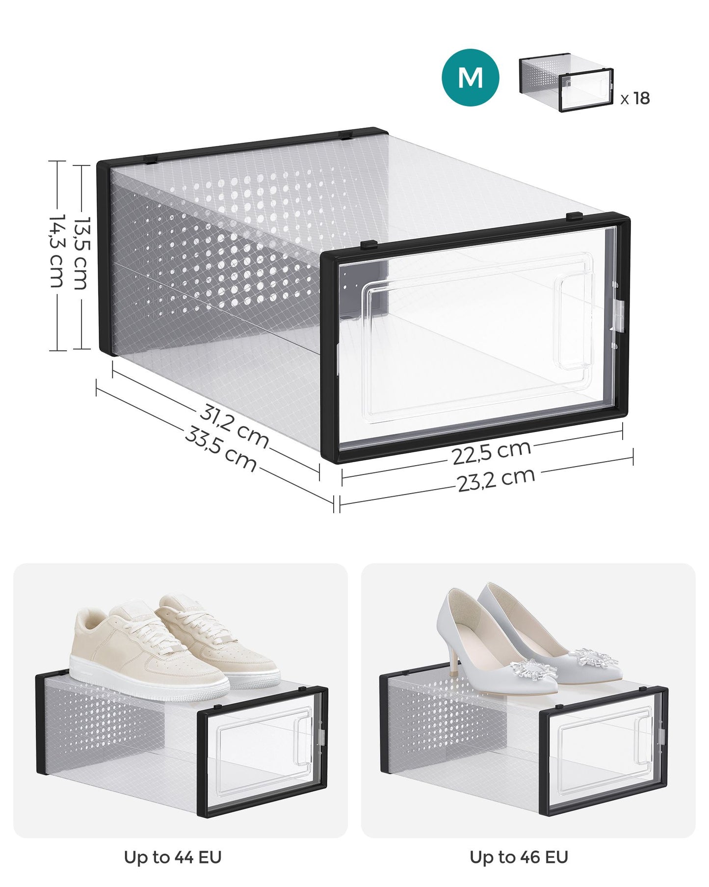 Boite a chaussure, Lot de 18, Boite Rangement Chaussures, Pliable, Pointure jusqu’à 44, Transparent et Noir, SONGMICS, 7