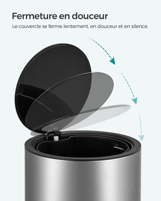 Poubelle, 3L, Poubelle Salle de Bain, Poubelle avec Couvercle, Fermeture en Douceur, Acier, Argent, SONGMICS, 3