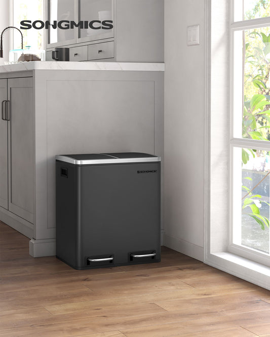 Poubelle, Poubelle Cuisine 30L, Poubelle Tri Sélectif 2 Bacs, 2 x 15L, avec Pédale, 15 Sacs Poubelles, Noir, SONGMICS, 2