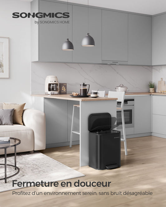 Poubelle 20L, Poubelle de Cuisine, Couvercle à Fermeture Douce, Reste Ouverte, Seau Intérieur, Acier, Noir, SONGMICS, 2