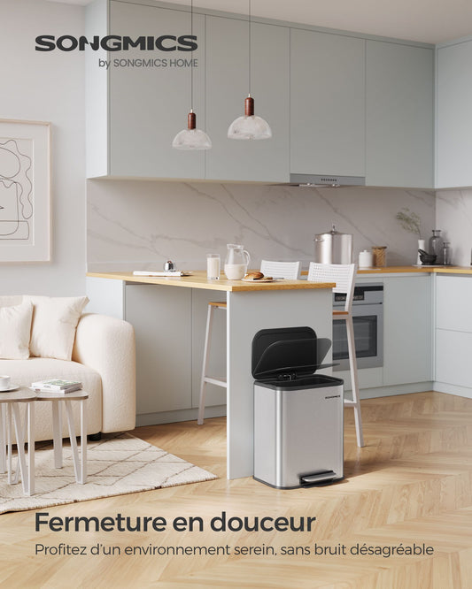 Poubelle 20L, Poubelle de Cuisine, Couvercle à Fermeture Douce, Reste Ouverte, Seau Intérieur, Acier, Argent, SONGMICS, 2