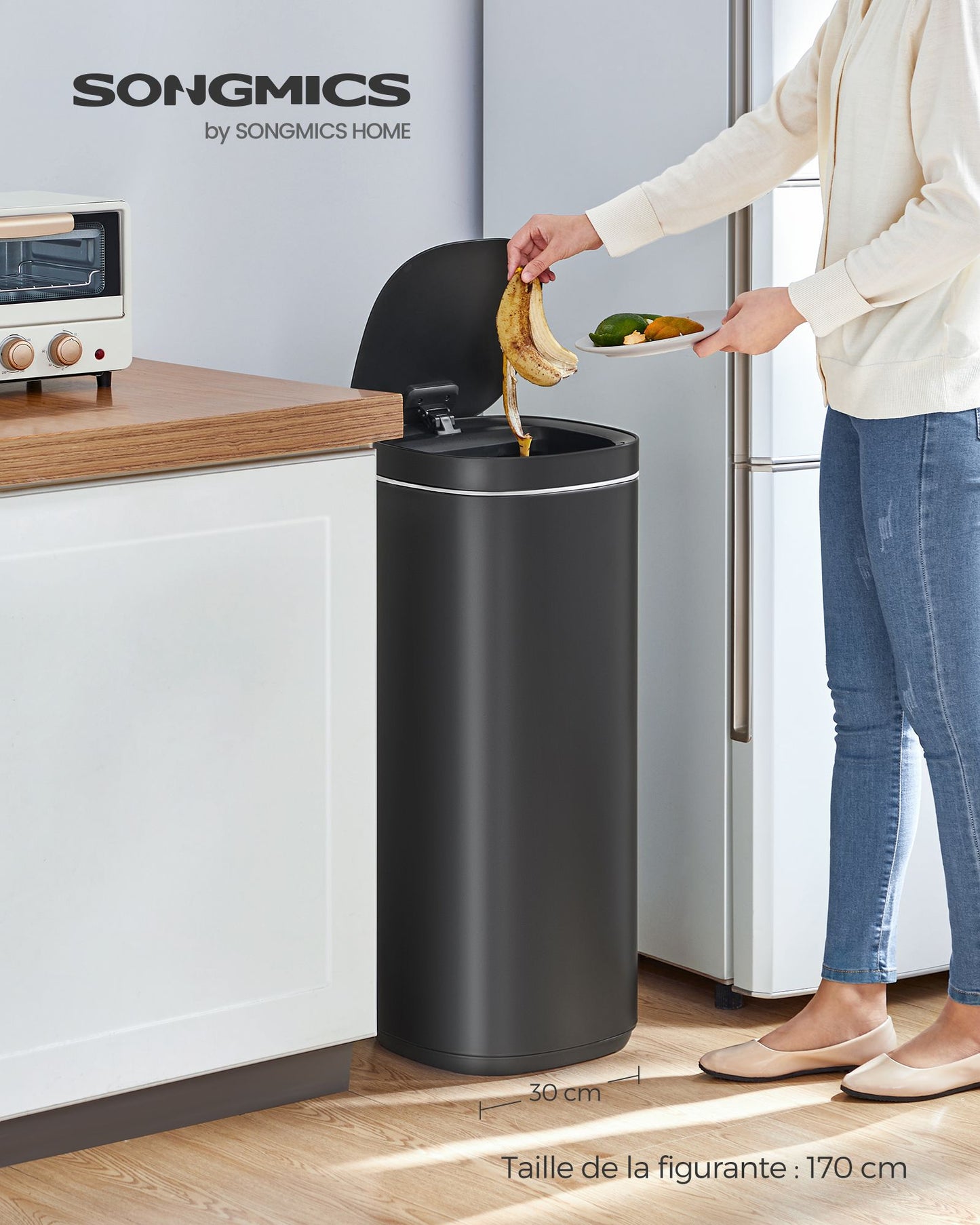 Poubelle, 50L, Poubelle de Cuisine, avec Détecteur de Mouvement Automatique, Acier, Noir, SONGMICS, 2