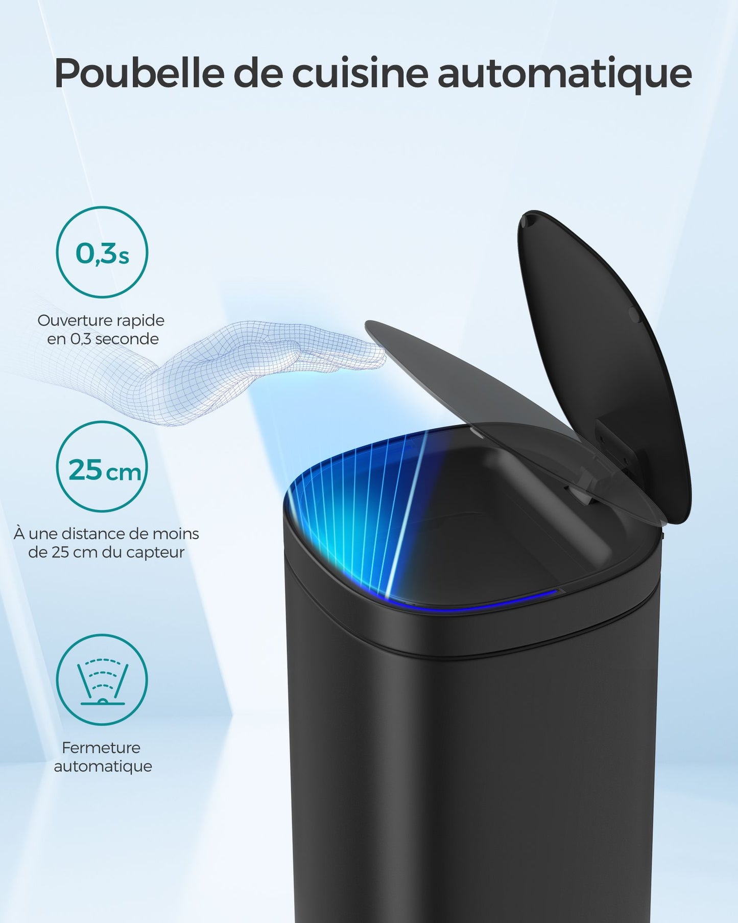 Poubelle, 50L, Poubelle de Cuisine, avec Détecteur de Mouvement Automatique, Acier, Noir, SONGMICS, 3
