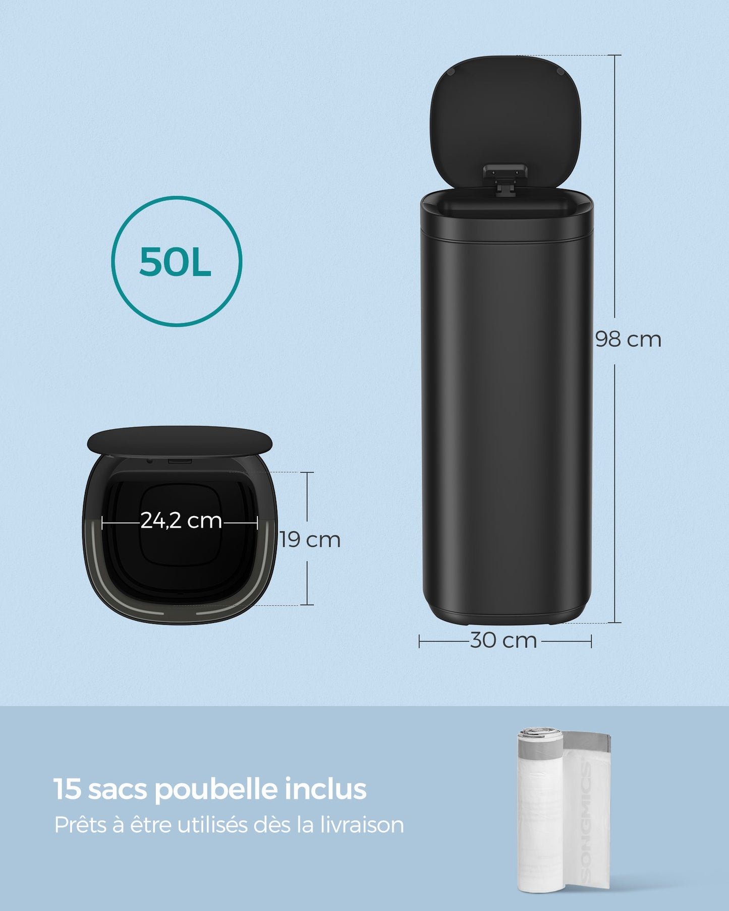 Poubelle, 50L, Poubelle de Cuisine, avec Détecteur de Mouvement Automatique, Acier, Noir, SONGMICS, 6