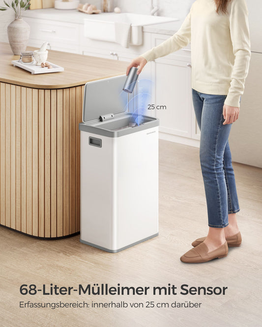 Poubelle, 68 L, Poubelle de Cuisine, automatique à détecteur de mouvement, Acier, 15 sacs poubelle inclus, Blanc, SONGMICS, 2