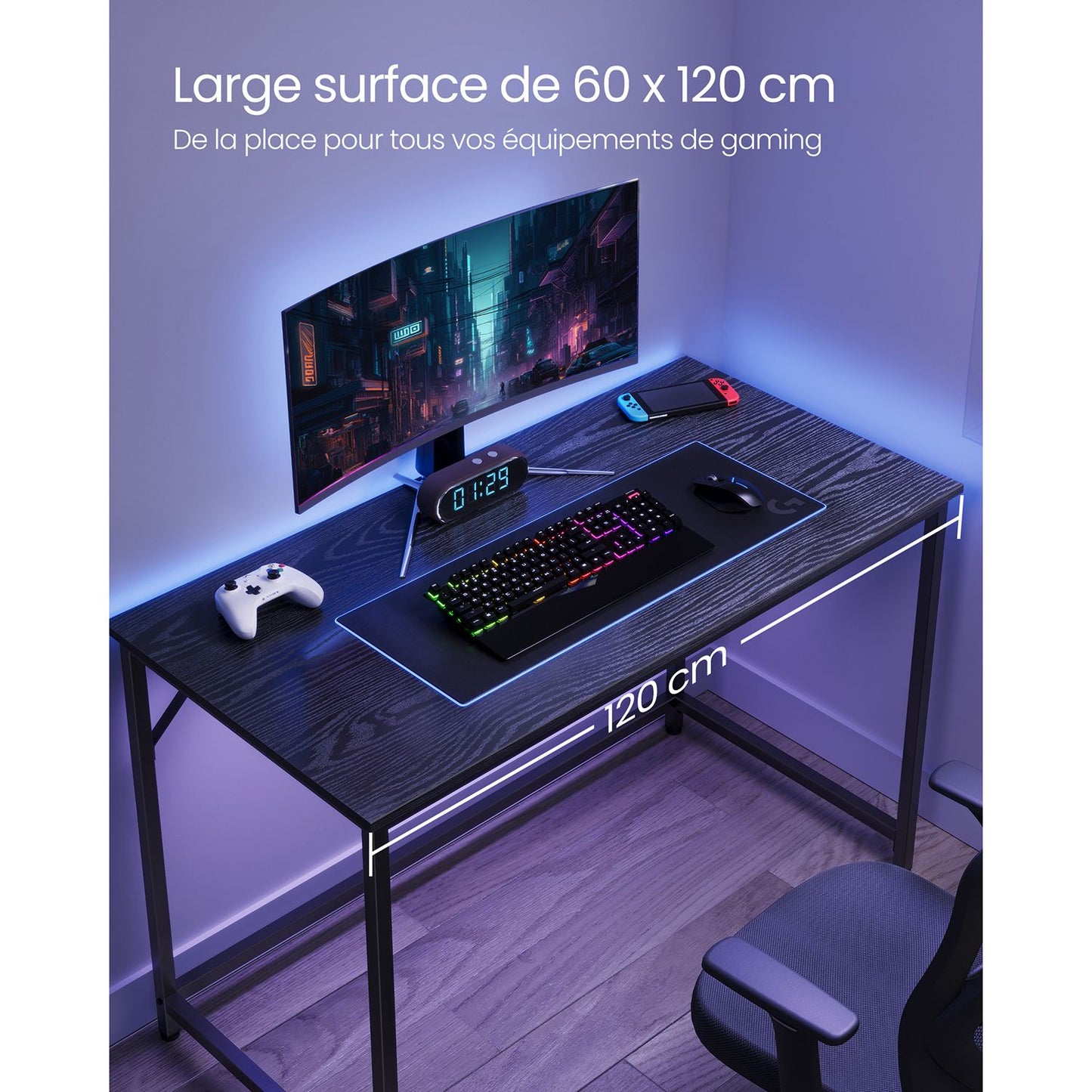 Bureau, Petit Bureau, Bureau PC, Table, Bureau de Travail, 60 x 120 x 75 cm, Noir, Vasagle, 1
