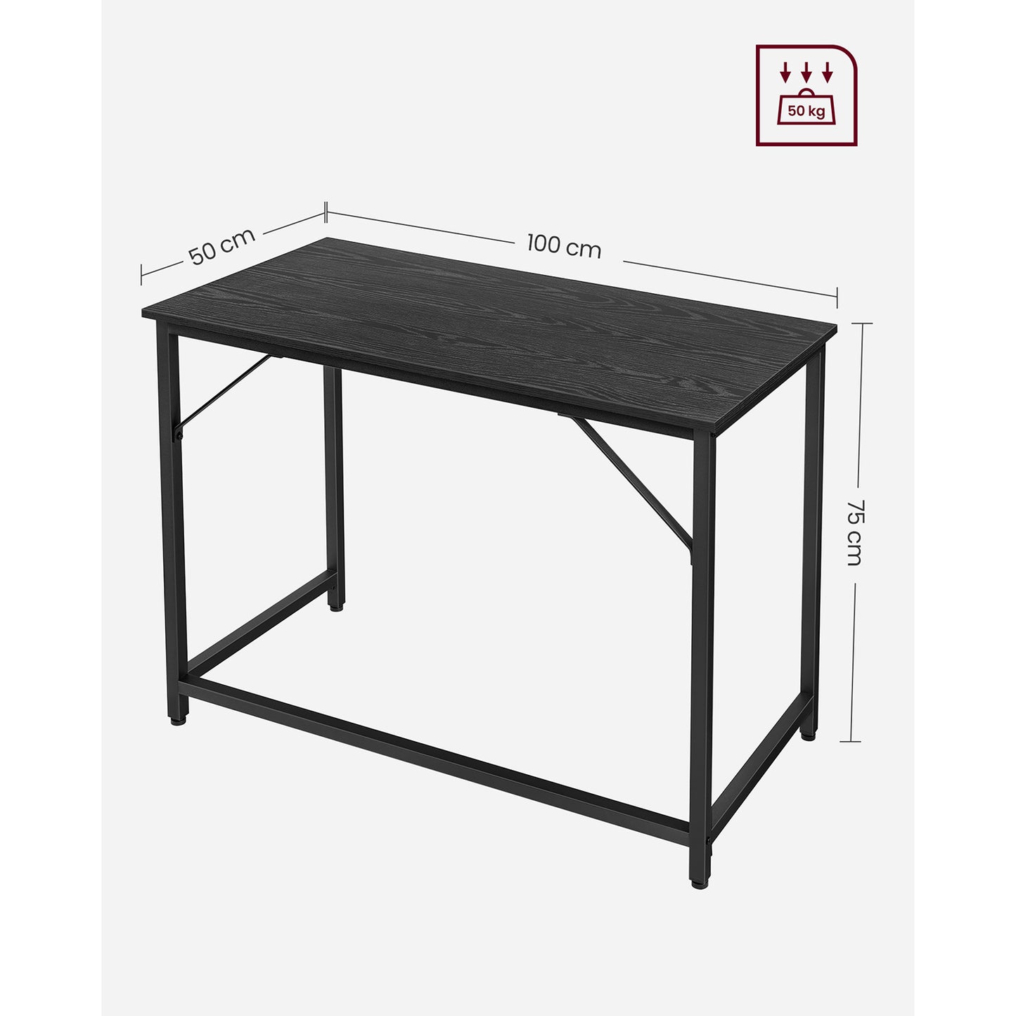 Bureau, Petit Bureau, Bureau PC, Table, Bureau de Travail, 50 x 100 x 76 cm, Montage Facile, Noir, Vasagle, 1