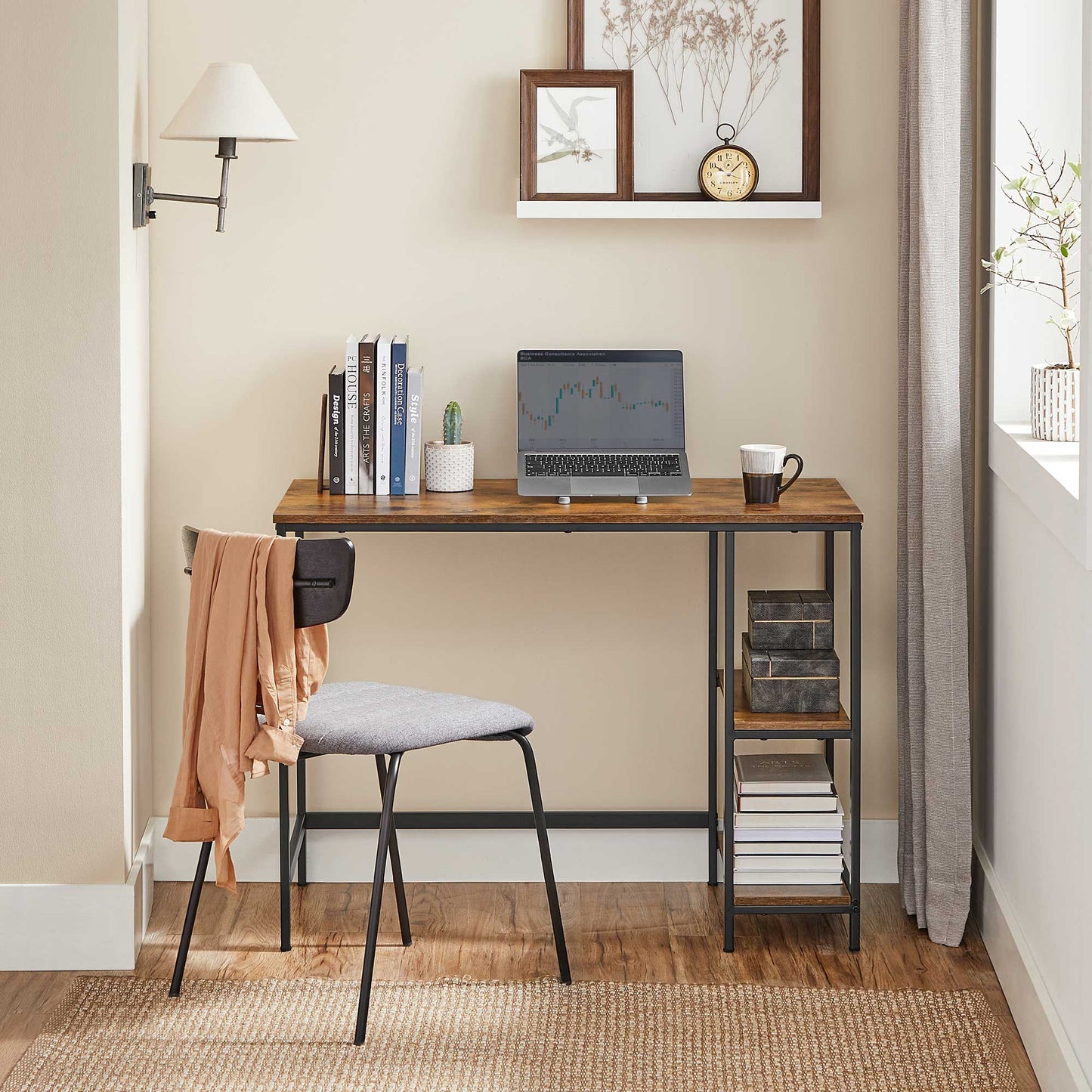 Bureau avec Rangement, Bureau de Travail, Bureau, avec 2 Étagères Réversibles, Marron Rustique et Noir, Vasagle, 1