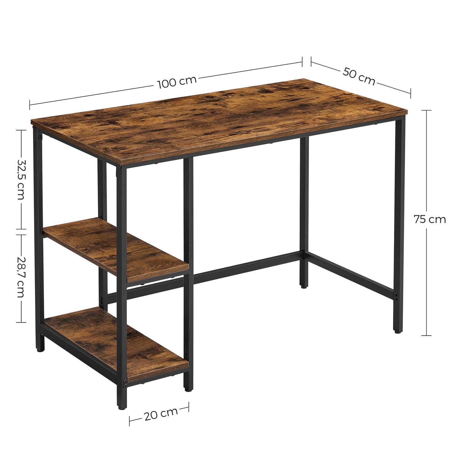 Bureau avec Rangement, Bureau de Travail, Bureau, avec 2 Étagères Réversibles, Marron Rustique et Noir, Vasagle, 1