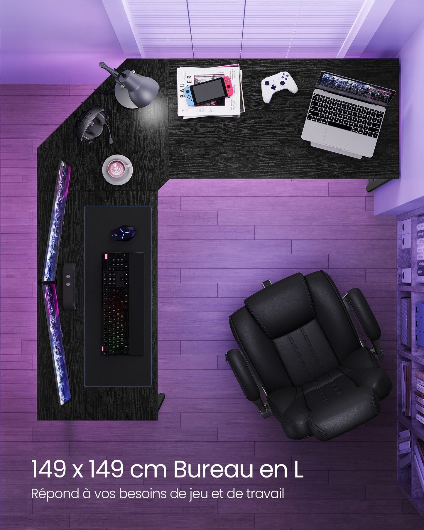 Bureau d'Angle, Bureau Ordinateur, Bureau PC, Bureau Informatique, Idéal pour Étudier, Gain d’Espace, Noir, Vasagle, 1