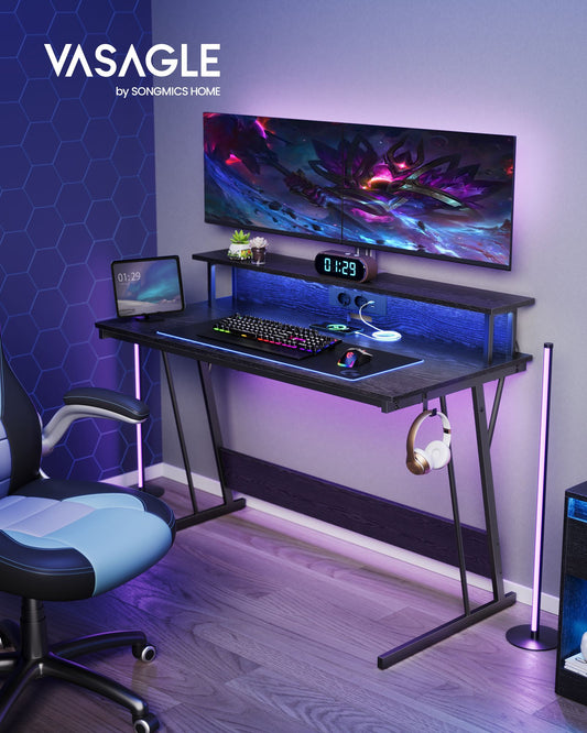 Bureau, Bureau Gamer, Bureau Ordinateur, Bureau PC, avec LED et Multiprise, pour 2 Ordinateurs, Noir, Vasagle, 1